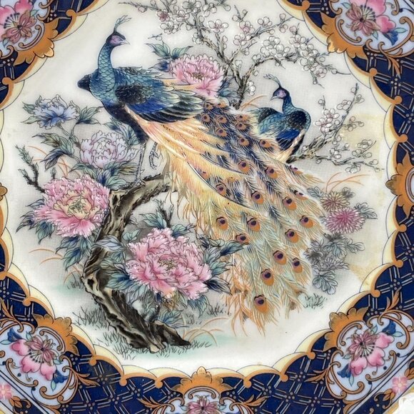 Vintage Set Octagonal Peacock Chinoiserie Transferware Porcelain Plates Japan - Picture 3 of 7
